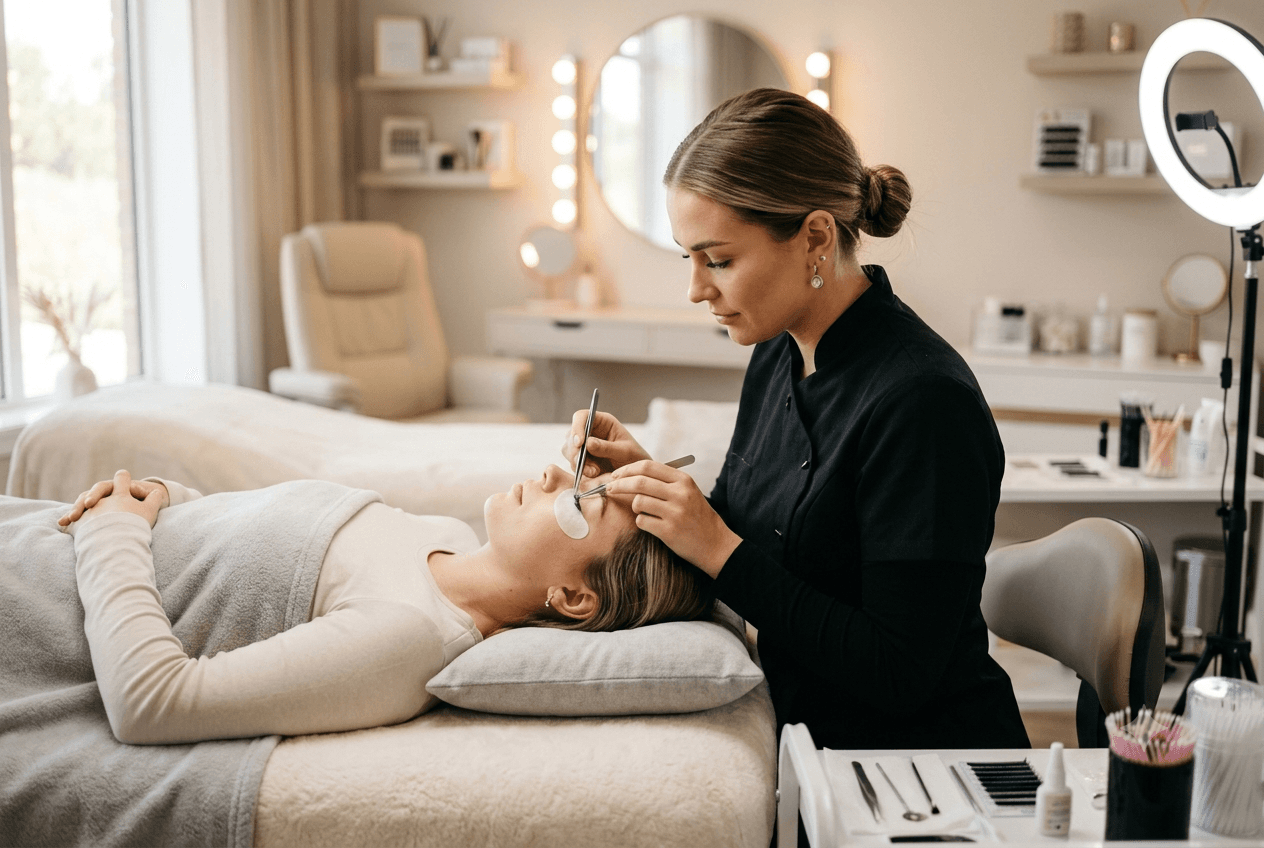 Profesional de cejas y pestañas trabajando