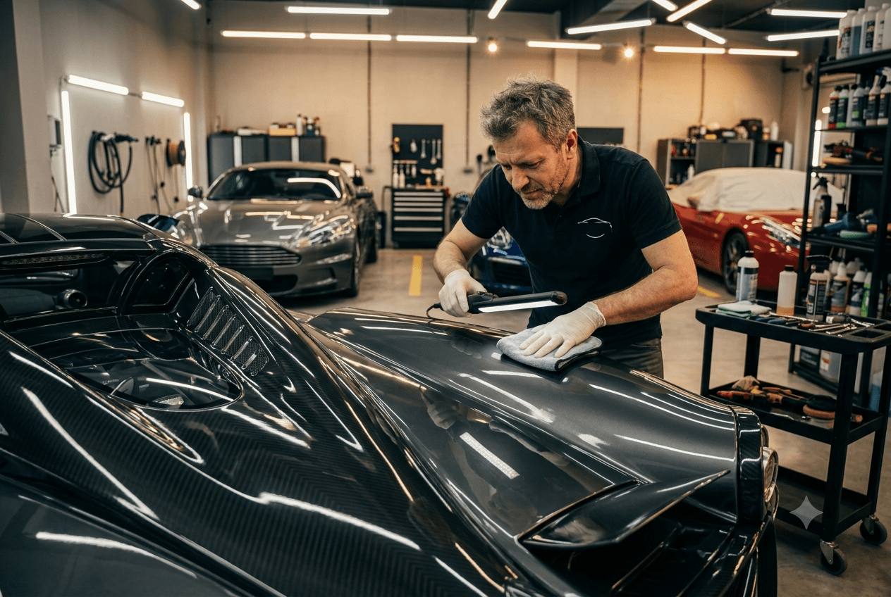 Profesional de lavaderos y detailing de autos trabajando