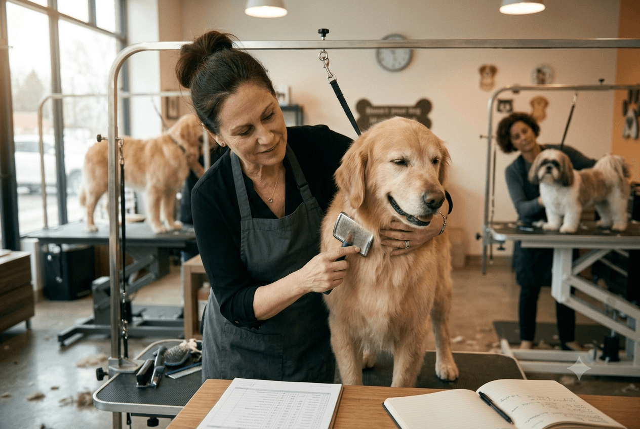 Profesional de peluquería canina trabajando
